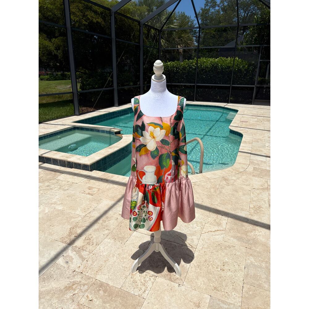 Oscar de la Renta Silk Magnolia Still Life Print Drop Waist Ruffle Dress Pink - Picture 5 of 9